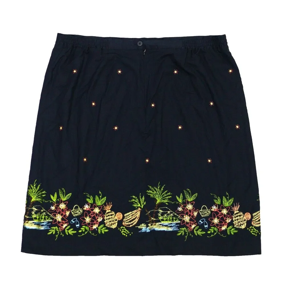 Annex Casual Corner Skirt Sz 1X Black‎ Midi Pull On Hawaiian Fruit Embroidered